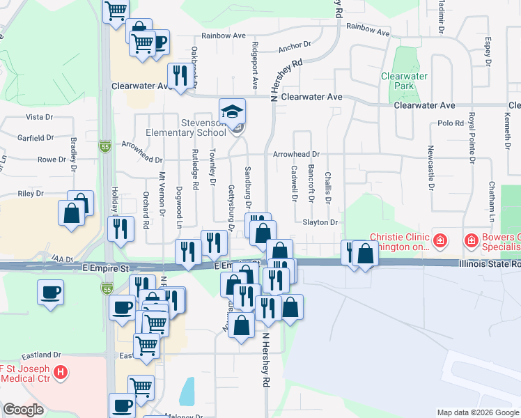 map of restaurants, bars, coffee shops, grocery stores, and more near 1205 Sandburg Drive in Bloomington