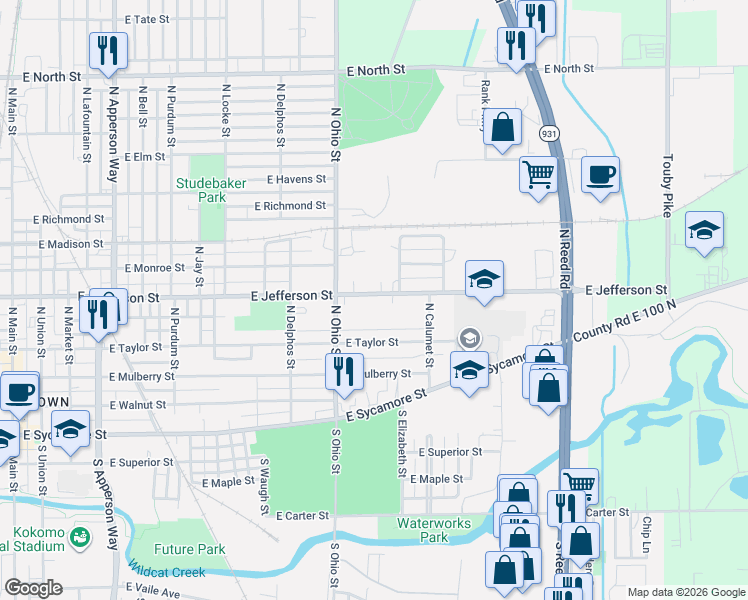map of restaurants, bars, coffee shops, grocery stores, and more near 1239 East Jefferson Street in Kokomo