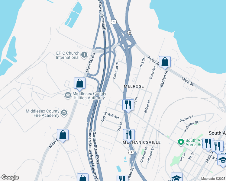 map of restaurants, bars, coffee shops, grocery stores, and more near 29 Kearney Road in South Amboy