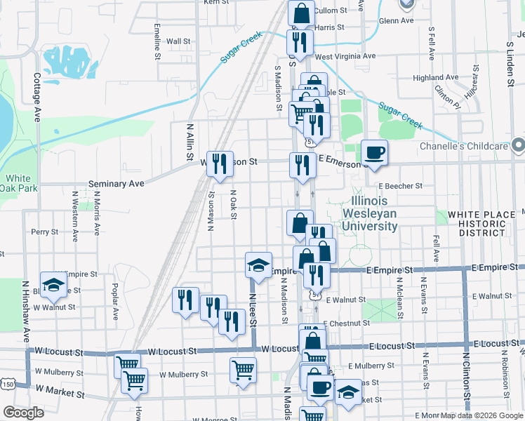 map of restaurants, bars, coffee shops, grocery stores, and more near 306 Union Street in Bloomington