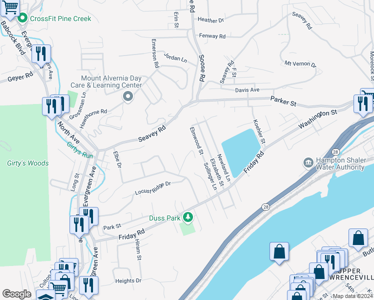 map of restaurants, bars, coffee shops, grocery stores, and more near 120 Locust Ridge Drive in Pittsburgh