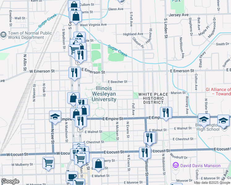 map of restaurants, bars, coffee shops, grocery stores, and more near 307 Phoenix Avenue in Bloomington