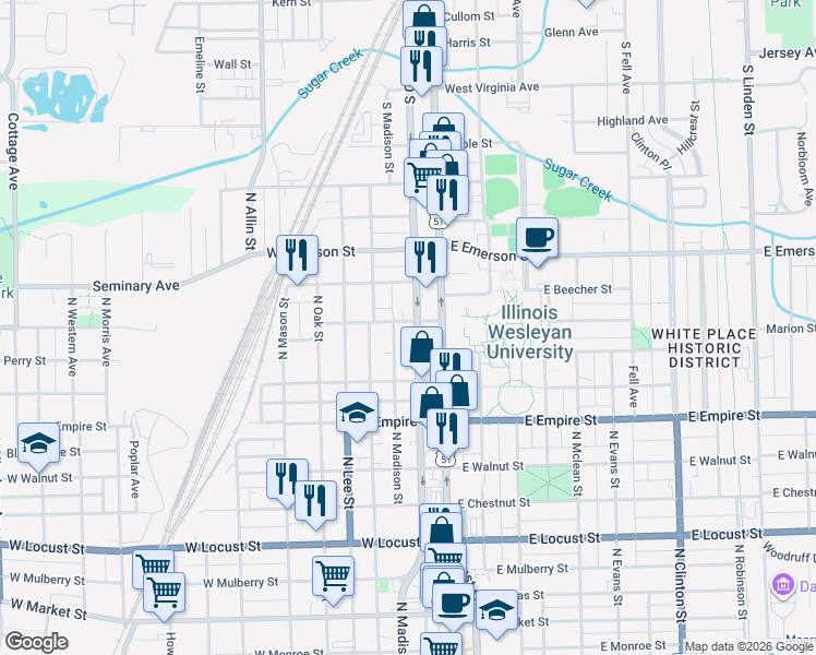 map of restaurants, bars, coffee shops, grocery stores, and more near 204 Union Street in Bloomington