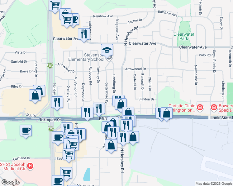map of restaurants, bars, coffee shops, grocery stores, and more near 1205 Sandburg Dr in Bloomington