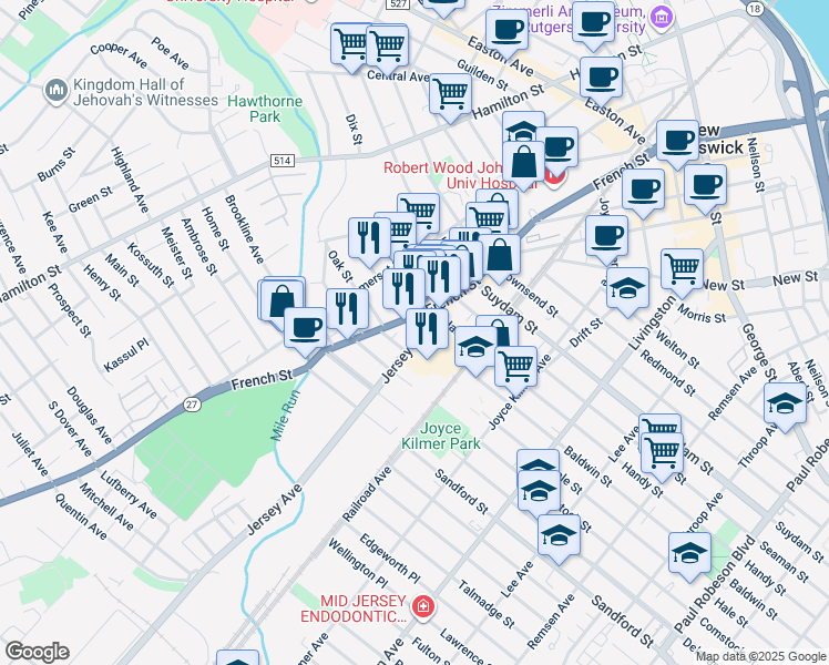 map of restaurants, bars, coffee shops, grocery stores, and more near 29 Jersey Avenue in New Brunswick