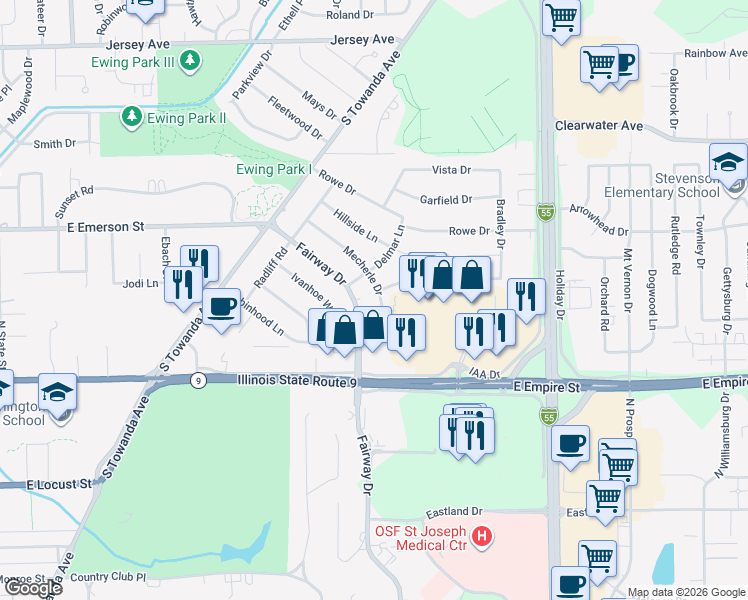 map of restaurants, bars, coffee shops, grocery stores, and more near 307 Mecherle Drive in Bloomington