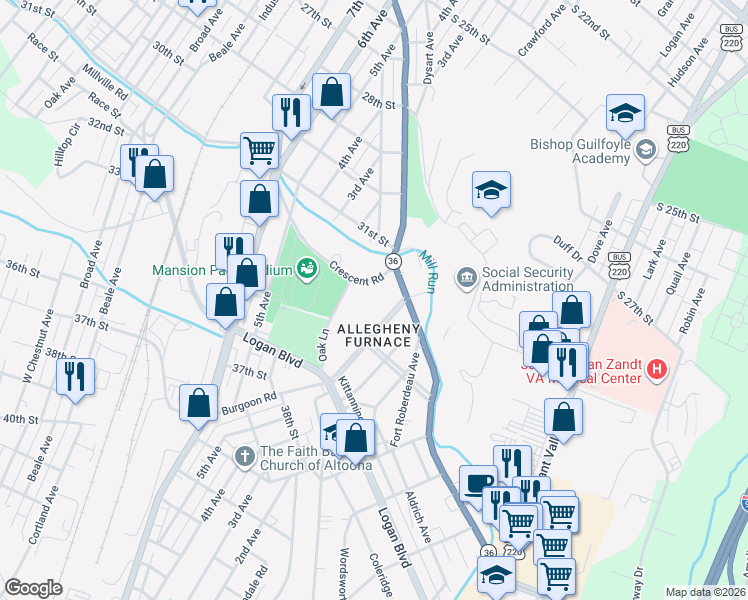 map of restaurants, bars, coffee shops, grocery stores, and more near 3409 Oak Ln in Altoona