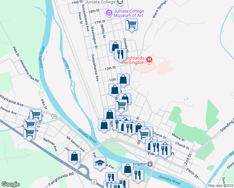 map of restaurants, bars, coffee shops, grocery stores, and more near 1031 Mifflin Street in Huntingdon