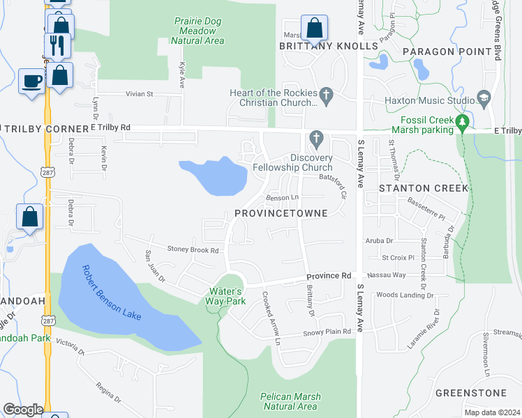 map of restaurants, bars, coffee shops, grocery stores, and more near 6809 Ivy Glen Way in Fort Collins