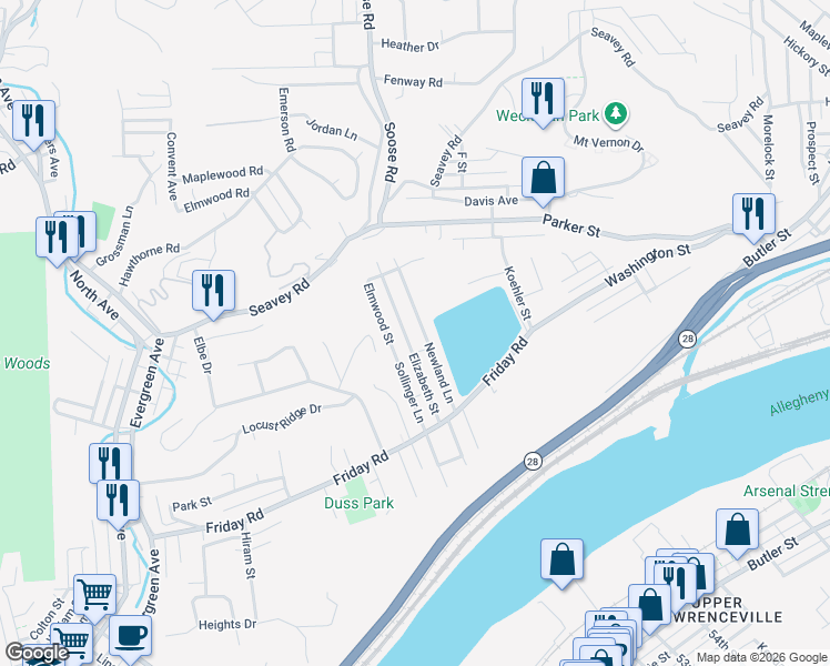 map of restaurants, bars, coffee shops, grocery stores, and more near 38 Elizabeth St in Pittsburgh