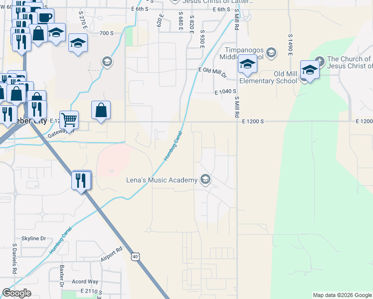 map of restaurants, bars, coffee shops, grocery stores, and more near 1346 Sawmill Boulevard in Daniel