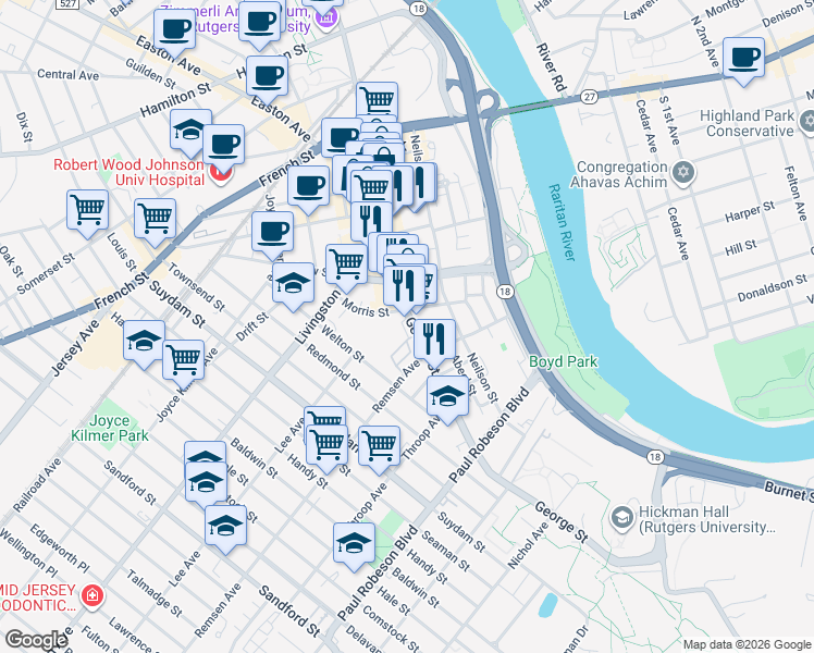 map of restaurants, bars, coffee shops, grocery stores, and more near 259 George Street in New Brunswick