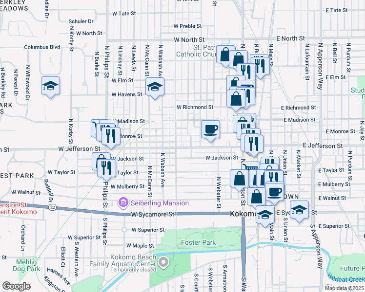 map of restaurants, bars, coffee shops, grocery stores, and more near 706 West Jefferson Street in Kokomo