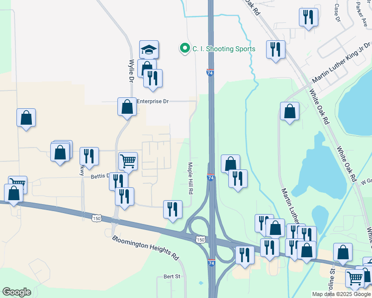 map of restaurants, bars, coffee shops, grocery stores, and more near 1026 Maple Hill Road in Bloomington
