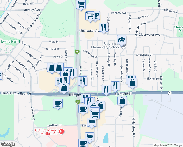 map of restaurants, bars, coffee shops, grocery stores, and more near Orchard Road in Bloomington