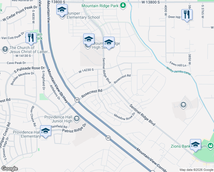 map of restaurants, bars, coffee shops, grocery stores, and more near 4372 Rosecrest Road in Riverton
