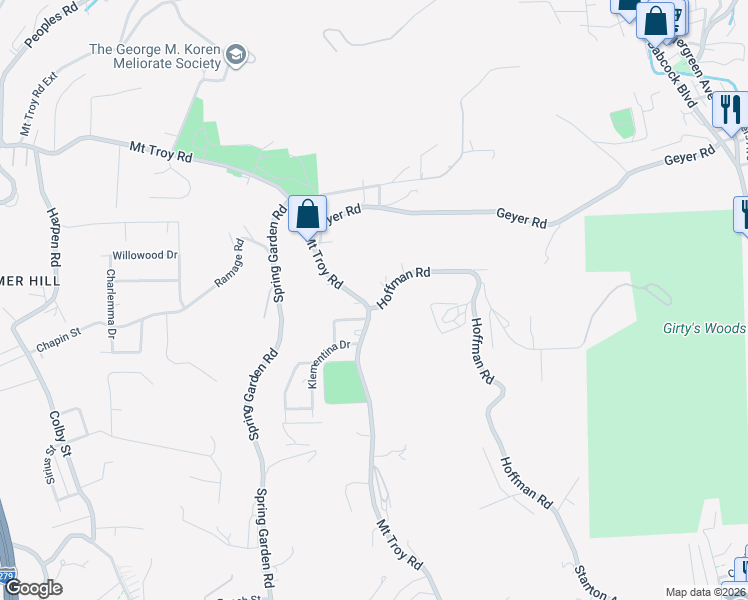 map of restaurants, bars, coffee shops, grocery stores, and more near 3700 Mount Troy Road in Pittsburgh