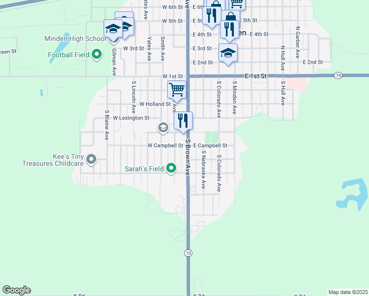 map of restaurants, bars, coffee shops, grocery stores, and more near 615 South Brown Avenue in Minden