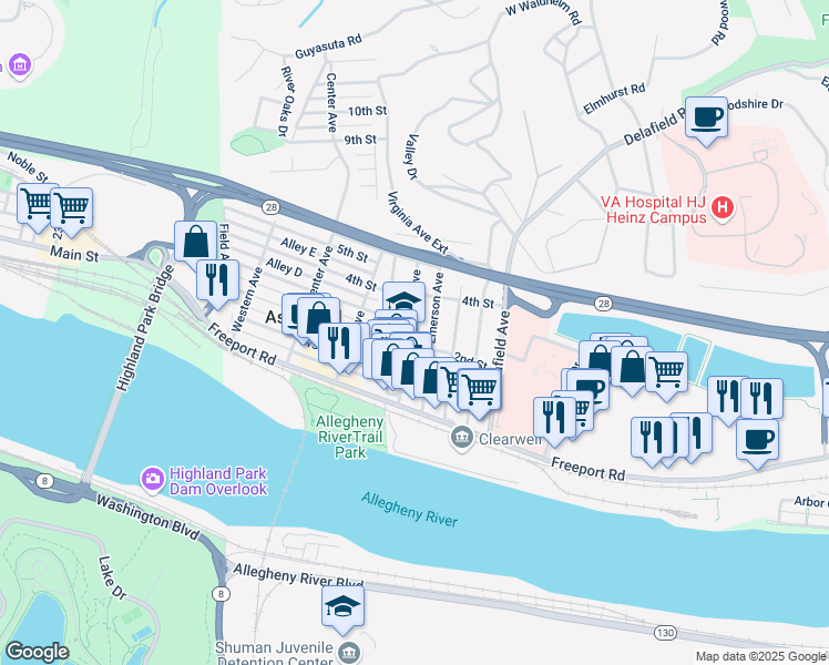 map of restaurants, bars, coffee shops, grocery stores, and more near 204 Brilliant Avenue in Pittsburgh