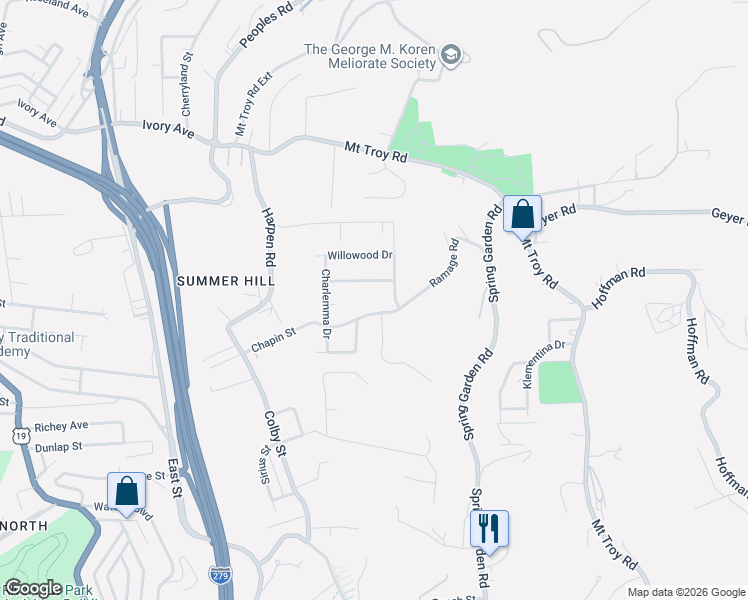 map of restaurants, bars, coffee shops, grocery stores, and more near 119 Ramage Road in Pittsburgh