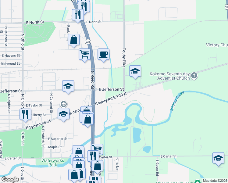 map of restaurants, bars, coffee shops, grocery stores, and more near 1817 East Jefferson Street in Kokomo