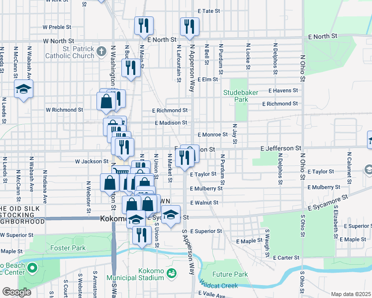 map of restaurants, bars, coffee shops, grocery stores, and more near 438 East Jefferson Street in Kokomo