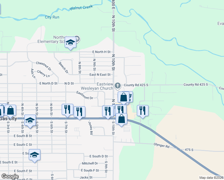 map of restaurants, bars, coffee shops, grocery stores, and more near 413 N 10th St in Gas City