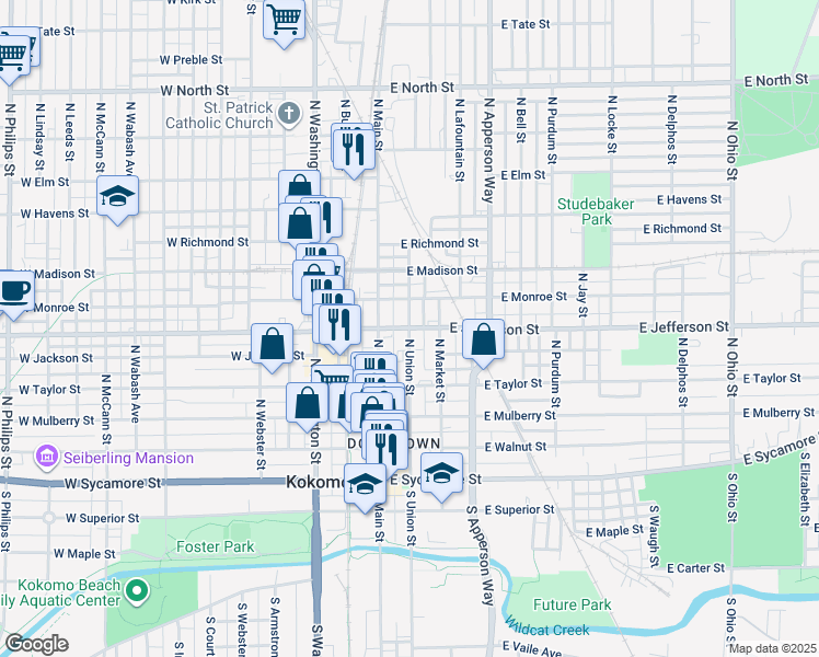 map of restaurants, bars, coffee shops, grocery stores, and more near 598 North Union Street in Kokomo