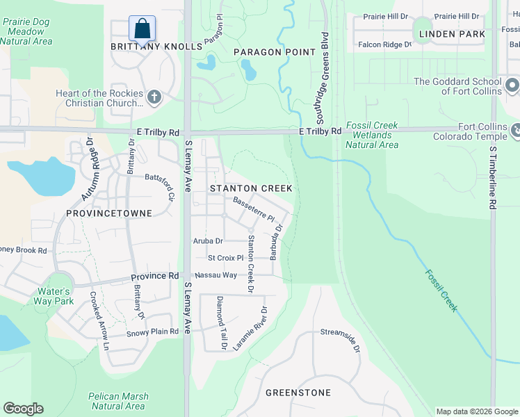 map of restaurants, bars, coffee shops, grocery stores, and more near 1308 Basseterre Place in Fort Collins