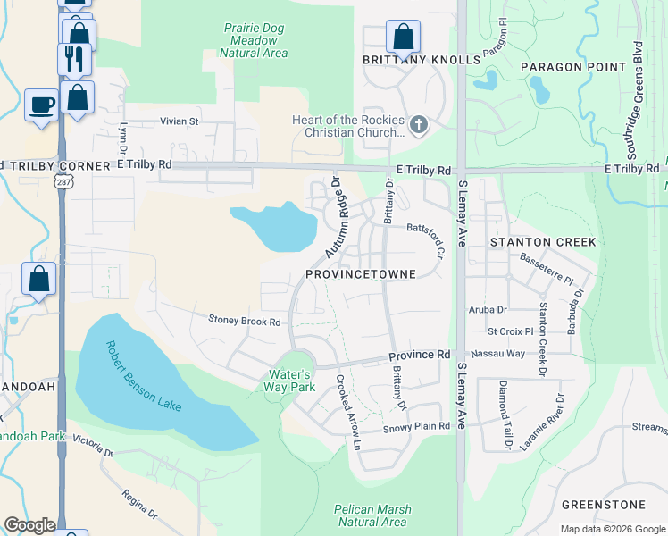 map of restaurants, bars, coffee shops, grocery stores, and more near 6809 Ivy Glen Way in Fort Collins