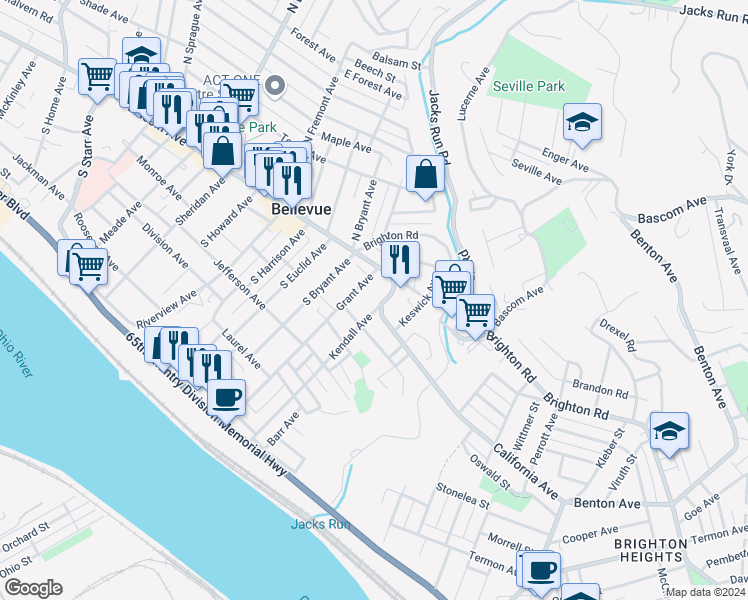 map of restaurants, bars, coffee shops, grocery stores, and more near 41 Grant Avenue in Bellevue