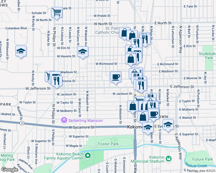 map of restaurants, bars, coffee shops, grocery stores, and more near 600 West Jefferson Street in Kokomo