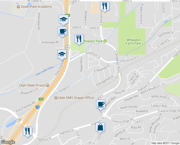 map of restaurants, bars, coffee shops, grocery stores, and more near 139 East Wayfield Drive in Draper