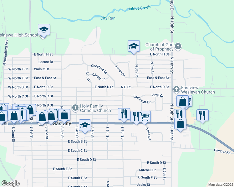map of restaurants, bars, coffee shops, grocery stores, and more near 617 East North C Street in Gas City