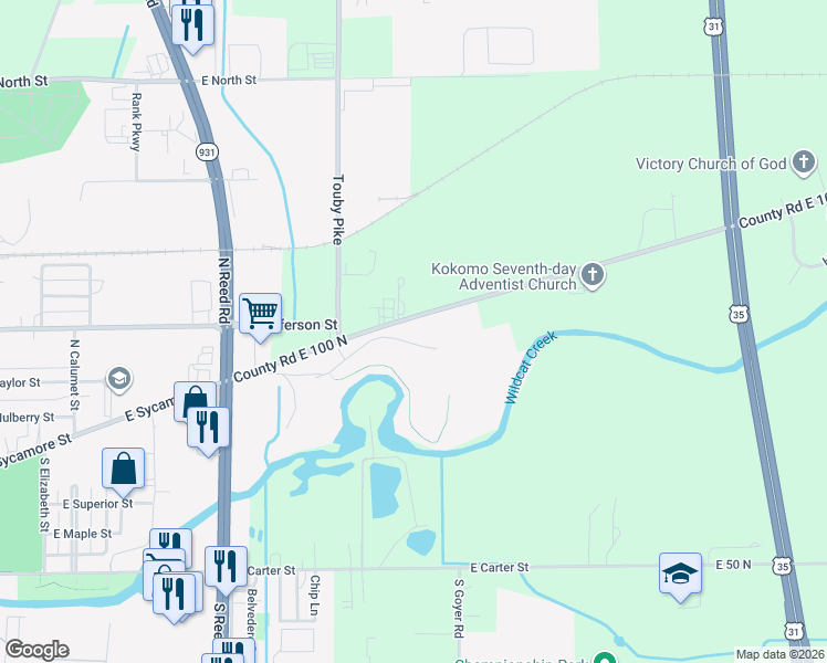map of restaurants, bars, coffee shops, grocery stores, and more near 2062 Bent Creek Road in Kokomo