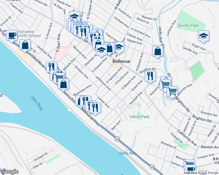 map of restaurants, bars, coffee shops, grocery stores, and more near 110 South Euclid Avenue in Pittsburgh