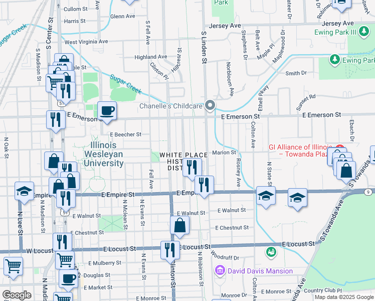 map of restaurants, bars, coffee shops, grocery stores, and more near 31 White Place in Bloomington