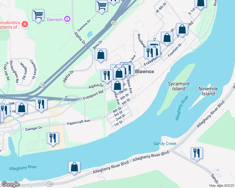 map of restaurants, bars, coffee shops, grocery stores, and more near 700 Center Avenue in Blawnox