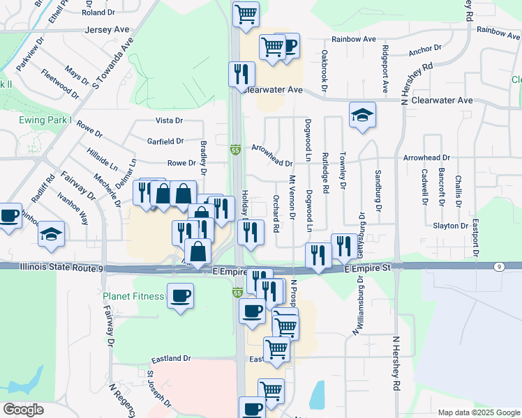 map of restaurants, bars, coffee shops, grocery stores, and more near 1225 Holiday Drive in Bloomington