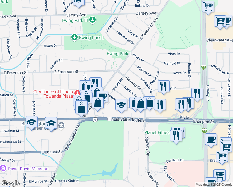 map of restaurants, bars, coffee shops, grocery stores, and more near 203 Sherwood Way in Bloomington
