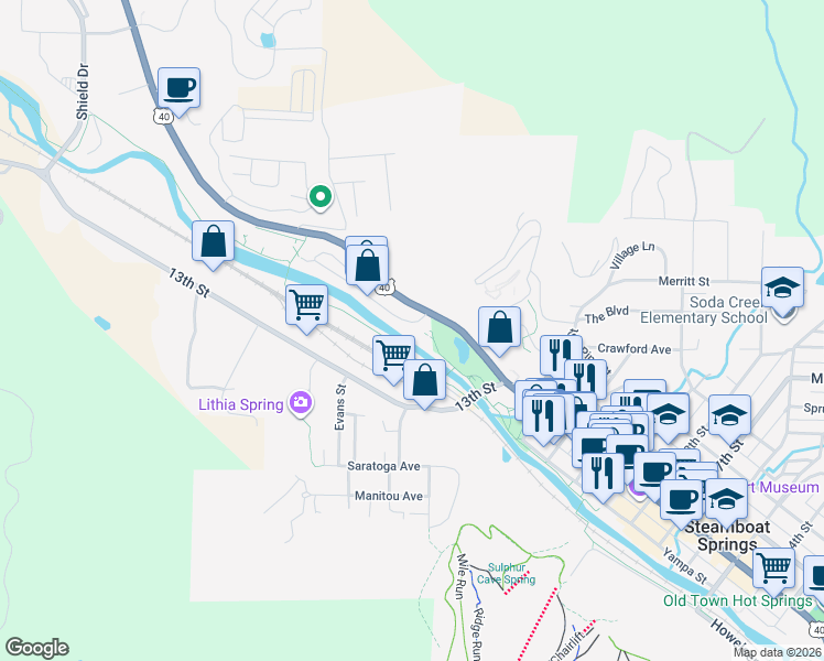 map of restaurants, bars, coffee shops, grocery stores, and more near 1313 Dream Island Plaza in Steamboat Springs