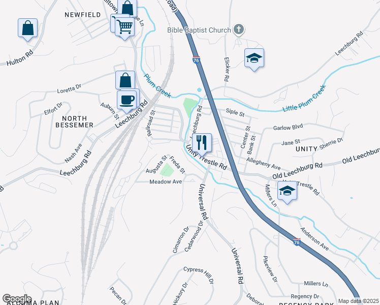 map of restaurants, bars, coffee shops, grocery stores, and more near 1220 Unity Trestle Road in Plum