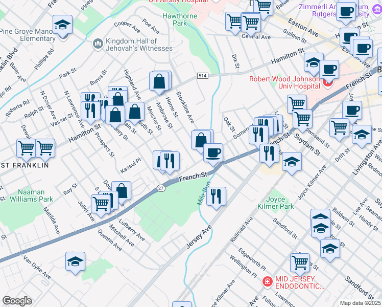map of restaurants, bars, coffee shops, grocery stores, and more near 17 Ambrose Street in Franklin Township