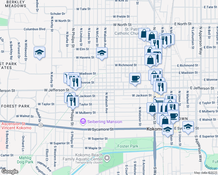 map of restaurants, bars, coffee shops, grocery stores, and more near 814 W Jefferson St in Kokomo