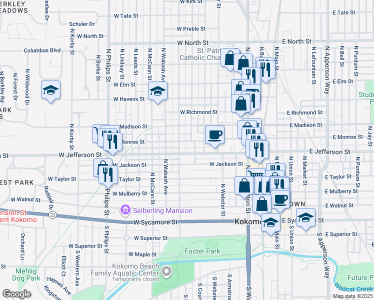 map of restaurants, bars, coffee shops, grocery stores, and more near 706 West Jefferson Street in Kokomo