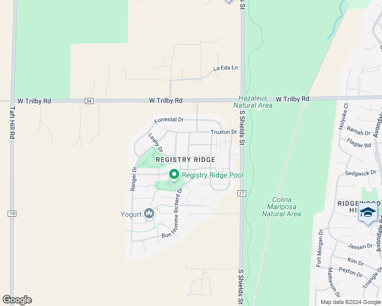 map of restaurants, bars, coffee shops, grocery stores, and more near 1250 Dewey Drive in Fort Collins