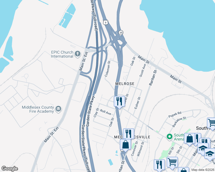 map of restaurants, bars, coffee shops, grocery stores, and more near 29 Kearney Road in South Amboy