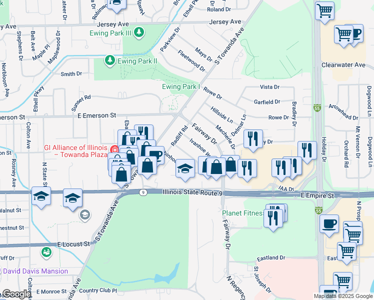 map of restaurants, bars, coffee shops, grocery stores, and more near 208 Sherwood Way in Bloomington