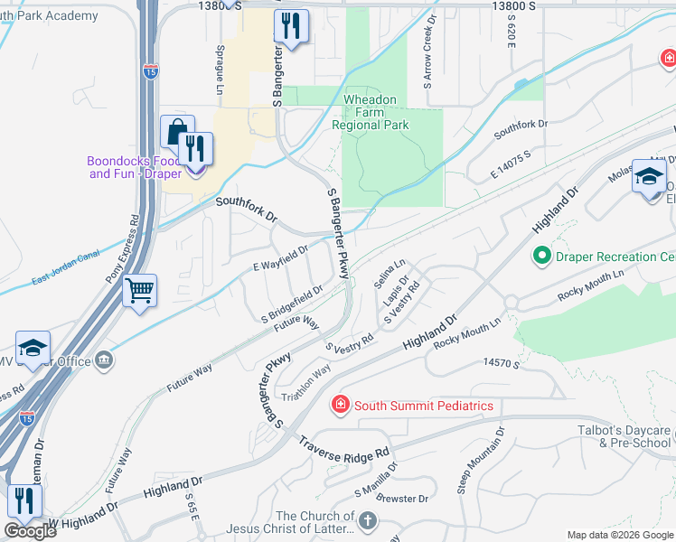 map of restaurants, bars, coffee shops, grocery stores, and more near 14400 South Bangerter Parkway in Draper