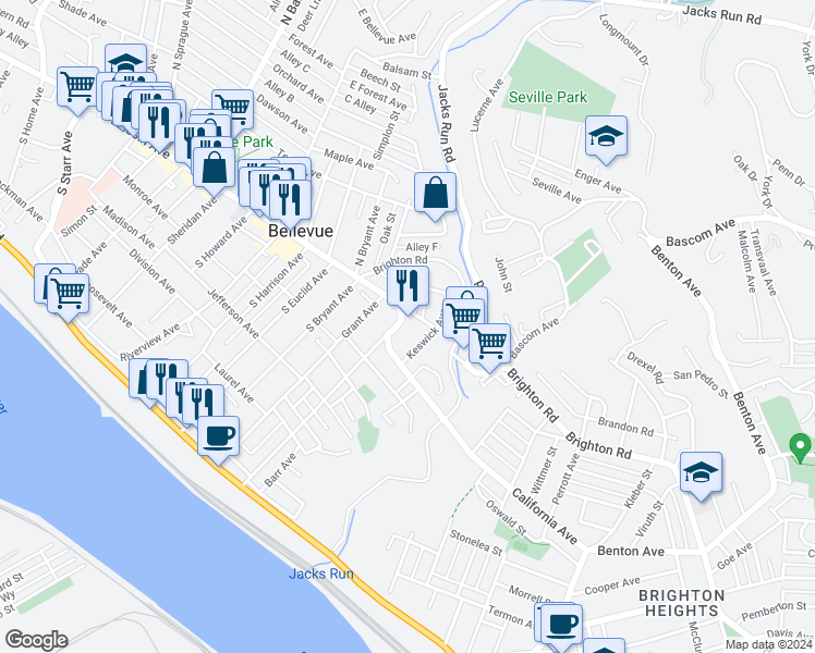map of restaurants, bars, coffee shops, grocery stores, and more near 170 Lincoln Avenue in Bellevue